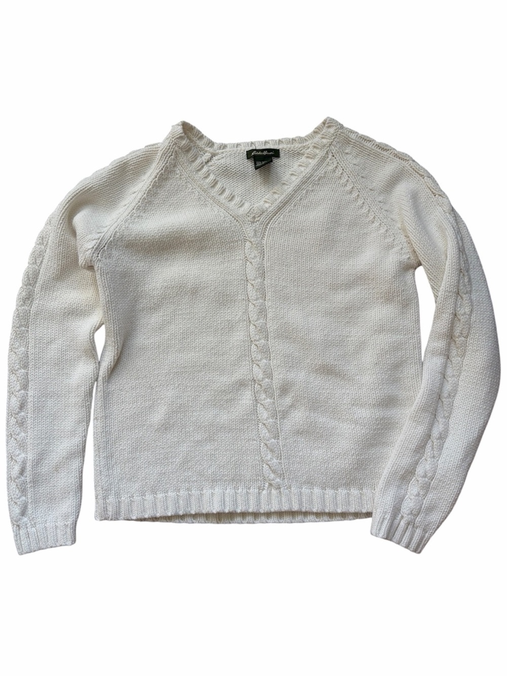 Eddie Bauer White Cream Cable Knit V-Neck Sweater Cozy Preppy Boho Y2K Classic